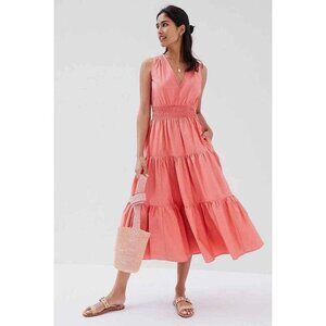 Anthropologie Maeve Tiered Maxi Dress Coral Size 8 V Neck Cotton